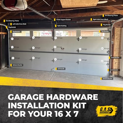 G.A.S. Hardware Garage Door Parts Installation Bundle Kit Set for 16' by 7' Overhead Doors | Fix Replace Garage Hardware Brackets, Drums, Cables, Hinges, Rollers, Screws, Door Jamb, Bearing, Bolts