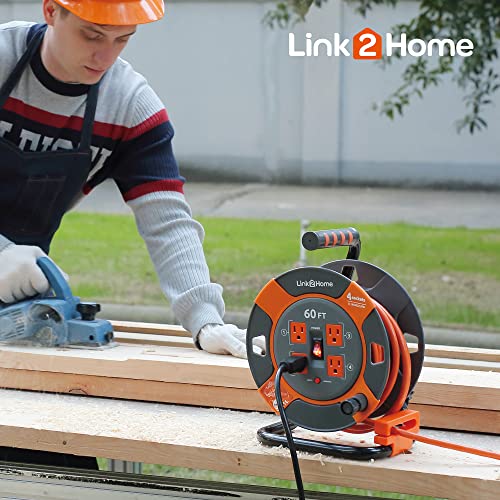 Link2Home Cord Reel 60 ft. Extension Cord 4 Power Outlets – 14 AWG SJTW Cable. Heavy Duty High Visibility Power Cord. - size: 60 Feet