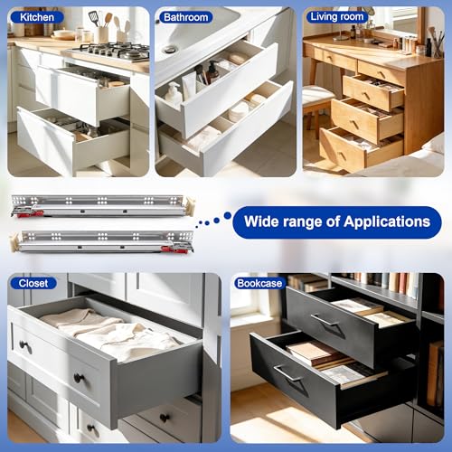Knobonly 6 Pair 18" Soft Close Drawer Rails Full Extension, Undermount Zinc Plated Drawer Slides, Mounting Screws and Adjustable Locking Device Included, 85 lb Load Capacity - size: 18 Inch, style: Soft Close - 6 Pairs