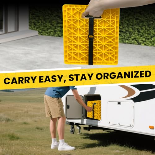 ROBLOCK Large RV Jack Stabilizer Pads,Sinking Resistant Stackable Camper Stabilizer Pads with Easy-Grip Handle and Handy Strap, Easy Storage & Organization, Yellow 4 Pack 14" x 12" - size: Yellow 14"x12"