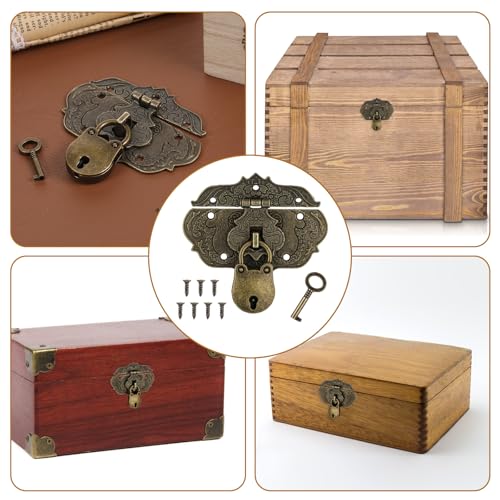 Antique Engraved Decorative Hasp Latch Lock and Mini Bear Padlock Kit Jewelry Box Hinges and Latches with Key and Mounting Screws Bronze Embossing Latch Hinges for Craft Wooden Furniture Projects