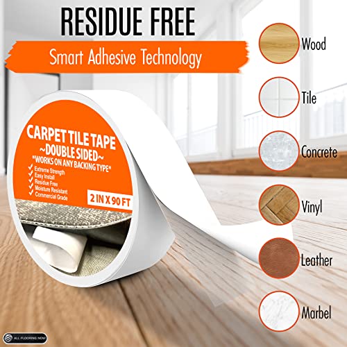 Carpet Tile Tape Double Sided 4in x 90ft (3 Pack) Heavy Duty Reinforced Web Mesh Residue Free - Indoor Outdoor for Carpet Tiles, Hardwood, Vinyl, Rugs, Carpet, Rubber & Mat Gripper - size: 4 IN x 90 FT (3 Pack)