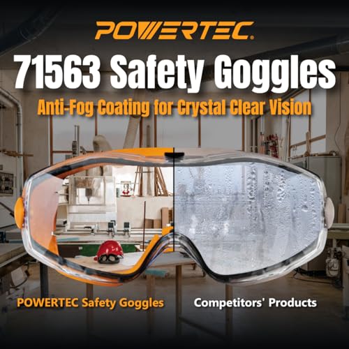 POWERTEC Safety Goggles Over Glasses, Scratch Proof UV Protection Anti-fog Safety Goggles, Chemical Splash Protective Eyewear W/Adjustable Headband for Woodworking, Mowing, Construction (71563) - style: Safety Goggle