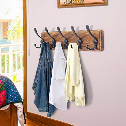 Dseap Coat Rack Wall Mounted - 5 Tri Hooks, Heavy Duty, Wooden Wall Coat Hanger Coat Hook for Clothes Hat Jacket Clothing, Natural & Black, 2 Packs - color: Natural & Black, size: L=17.4"