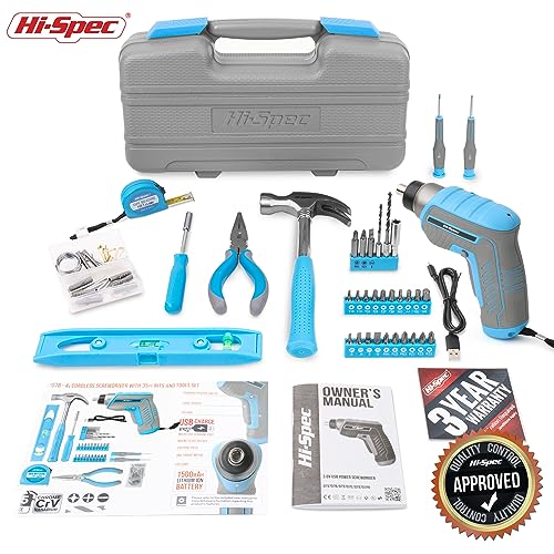 Hi-Spec 35pc Blue Tool Kit with 3.6V USB Electric Screwdriver and Drill set. Complete General Tool Set - color: Blue, size: 35 Pieces