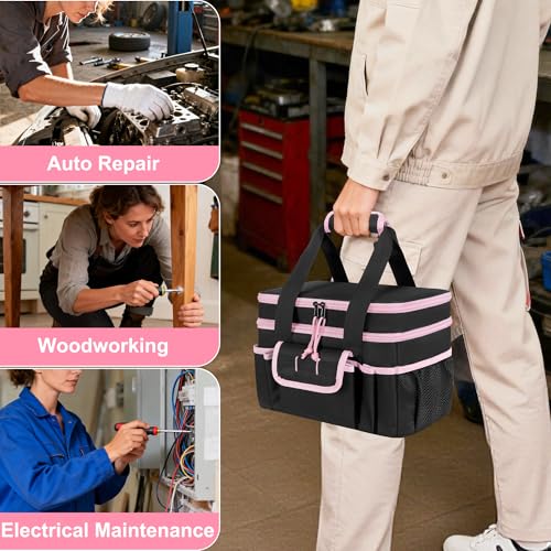 Tool Tote Bag for Women, Double Layer Tool Storage Organizer Bag with Divider for Electrician, Carpenters, Repairman, Black
