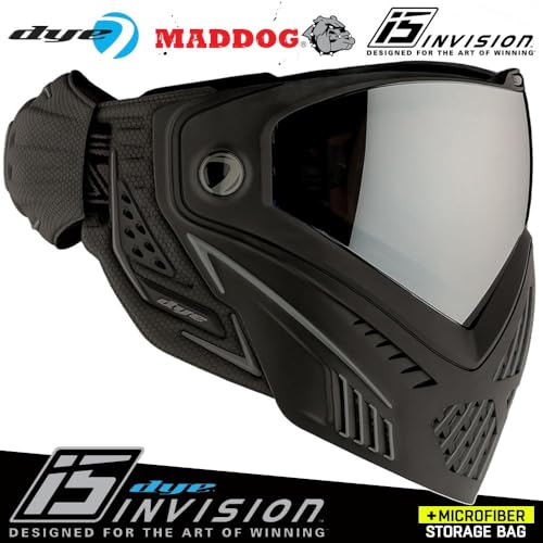 Maddog Dye i5 Thermal Anti-Fog Paintball Airsoft Mask Goggle System Combo with Microfiber Bag | Safety Certified Protection - color: Onyx