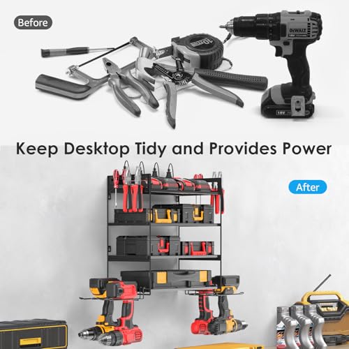 CCCEI Garage Tools Storage with Charging Station. Power Tool Battery Organizer Utility Shelf with Power Strip. 4 Drills Holder Wall Mount Rack, Black 4 Layer. - size: Small, style: 4 Layer