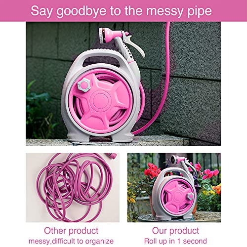 YEFA Retractable Garden Hose Reel - Convenient 50 FT Portable Hose with 6-Function Spray Nozzle for Versatile Watering, Cleaning, and More (Rose Red) - color: Rose Red