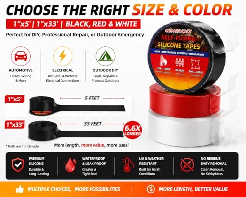 Self Fusing Silicone Tape Waterproof, Rescue Tape, 1" x 33 Feet, Self Amalgamating Tape, Silicone Rubber for Sealing Pipes, Hose Repair, Outdoor Coax and Electrical Cables - color: Black