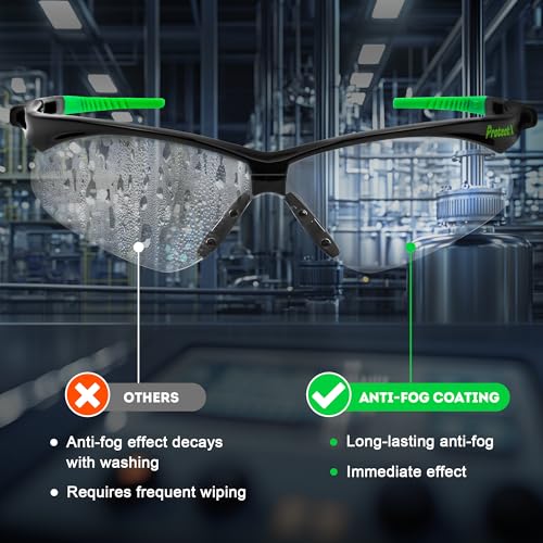 ProtectX Safety Glasses for Men & Women, Safety Sunglasses with Anti-Fog Scratch Resistant Lenses, Non-Slip Grips, ANSI Z87.1 - color: Evergreen Clear 2pk