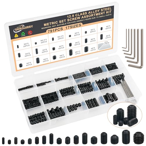 791PCS Set Screws, 17Sizes Metric Set Screw Assortment Kit, M2/2.5/3/4/5/6/8 12.9 Alloy Steel Black Grub Set Screws, Internal Hex Drive Cup-Point Screws for Bathroom Fixtures, Door Handles - size: 791PCS 17Size Metric
