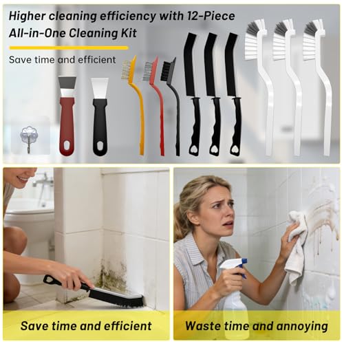 12Pcs Crevice Cleaning Brush Set, Hard Bristle Small Cleaning Brushes for Household Use with Scraper & Hook, Multi-Purpose Cleaning Tool for Kitchen, Bathroom, Grout, Corners, Tight Spaces