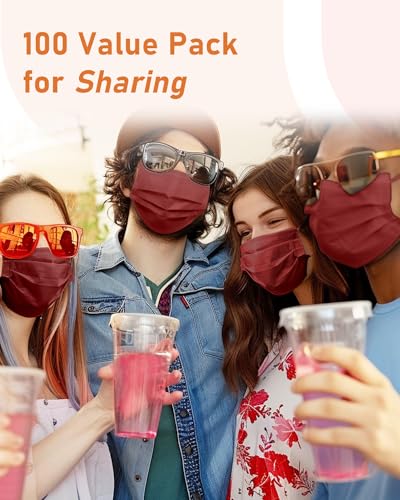Face Masks Disposable 100 Pack, 4 Ply ASTM Level 3 Medical Grade, Breathable for Adult Outdoor Protection, Individually Wrapped for Home, School & Office, Burgundy - color: Burgundy