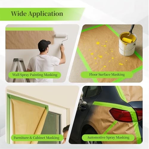Pre-Taped Masking Paper for Painting 12 inch x 50 Feet, Tape and Drape Adhesive Painters Paper Roll for Walls, Trim, Baseboards, Cars, Auto Body and Furniture (1 Roll)