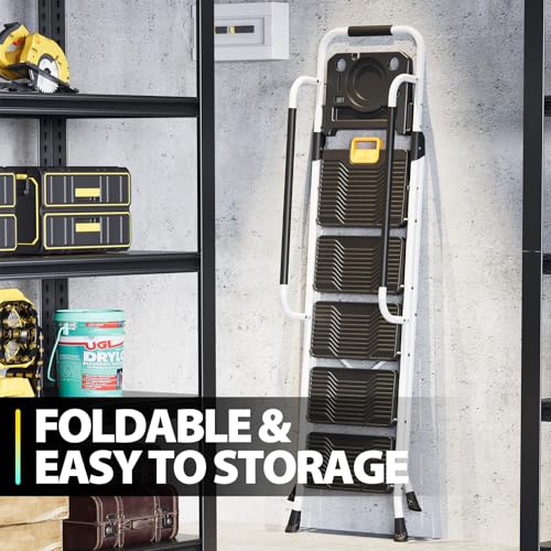 KINGRACK Folding 5-Step Ladder, 800 lbs Capacity Step Stool with Safety Lock, Tool Tray, Non-Skid Wide Steps, Handrail, Household Folding Ladder for Home, Garden, Painting, Outdoor, and Garage, White - size: 5-STEP