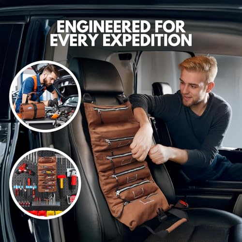 LETINE Crest Canvas Tool Roll Bag - Portable 6-Pocket EDC Roll up Tool Bag with Premium Rust-Proof Zippers, Reinforced Stitching - Compact Tool Organizer Gift for Dads, Mechanics, Electricians (Brown)