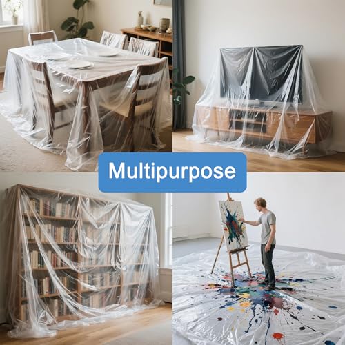 4 Pack Plastic Drop Cloth for Painting, Clear Thick Plastic Sheeting, Large Painters Paint Tarp, Dust Cover for Couch Floor Carpet, Furniture Protectors - Home Renovation Remodeling Cleaning, 8x12 Ft