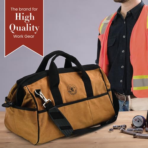 Style n Craft Mason's Tool Bag, Canvas Tool Storage Bag with Full-Grain Leather Bottom - style: 25 Pkt 20" Wide Mouth Tool Bag - Waterproof Canvas