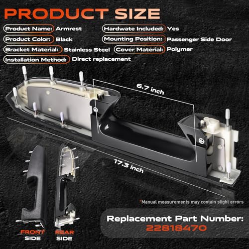 22818470 Front Right Passenger Side Armrest Repair Kit Compatible with 2010-2014 Chevy Silverado and GMC Sierra 1500 2500HD 3500HD, Designed for Door Panel with Release Handle Below Armrest, Black - color: 22818470 Black Passenger Side Armrest