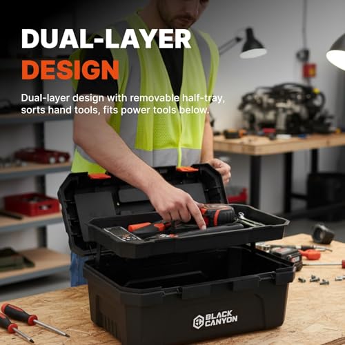 Black Canyon 19 Inch Portable Plastic Tool Box, 19 in × 9.6 in × 8.3 in, Padlockable 1 Piece 19 in - size: 8.3 in × 9.6 in × 19 in