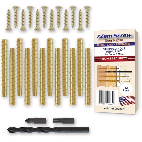 12-PK - #9x3 Brass Screws Permanent Door Hinge Repair Kit – Easy Stripped Screw Hole Fix – Reinforce Hinges, Strike Plates & Door Jamb – Quickly Fix Stripped Hinge Screws - Made in USA