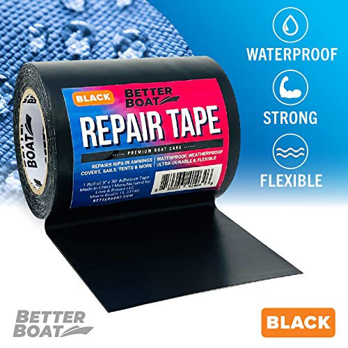 Better Boat Repair Tape for Fabric and Vinyl 30ft x 3in, Black Waterproof Patch Tape for RV Awning Canvas Tent Tarp Sail Canopy Boat Cover, Heavy Duty - color: Black
