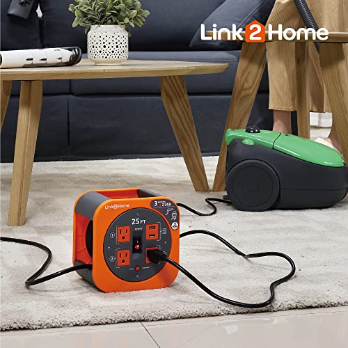 Link2Home Cord Reel 25 ft. Extension Cord 4 Power Outlets, 2 USB Ports, 2.4A Fast Charge – 16 AWG SJT Cable.