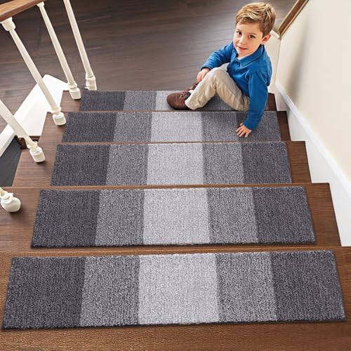 OLANLY Stair Treads Non Slip 15PCS, 8" x 30" Indoor Stair Runners for Wooden Steps, Edging Stair Rugs with Reusable Peel and Stick Adhesive for Kids Elders and Pets, Grey - color: Grey