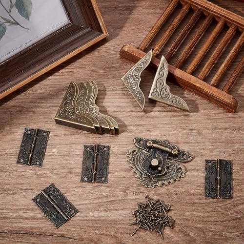 NICENEEDED Jewelry Box Hinges and Latches, Antique Engraved Latch Hasp Hinges and Box Corner Protectors Hardware Kit, Bronze Wooden Box Latch Buckle for Jewelry Box Decoration and Repair