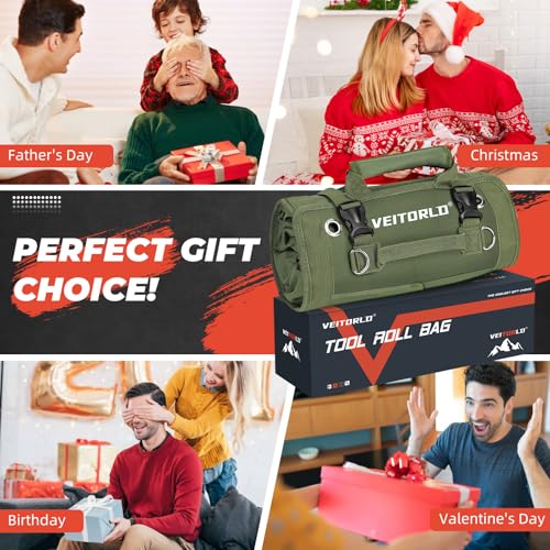 Roll Up Tool Bag, Gifts for Him Men Dad Husband Boyfriend Fathers Day, Portable Tools Storage for Men, Heavy Duty Tool Organizer W/Detachable Pouches for Electrician Mechanic Carpenter - style: Roll-Dark Green
