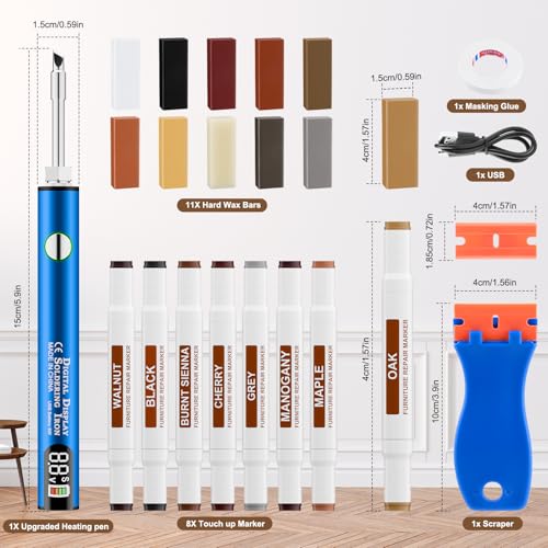 Laminate Wood Floor Repair Kit, Wax Melting Tool with Display, Hard Wax Filler, Marker Pen, for Floor, Furniture, Countertop & Tile Repair, Blue
