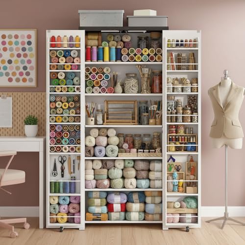 NEWOWNDS Craft Storage Cabinet with LED Lights – 72" Adjustable Shelves Sewing Organizer, Multi-Purpose Sewing Cabinet for Craft Room/Home Office Storage