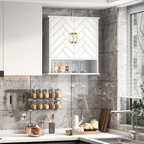 White Chevron Pattern Bathroom Wall Mount Cabinet, Stylish Hanging Medicine Cabinet with Open Shelf, Over The Toilet Storage for Bathroom Kitchen (23 5/8" x 22 7/8" x 7 1/8") - style: Chevron Pattern-White