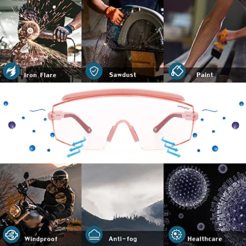 UKNOW Safety Goggles Over Glasses, Safety Glasses Anti Fog Wraparound Eye Protection, Protective Eyewear ANSI Z87.1 - color: Pink (Slightly Tinted)