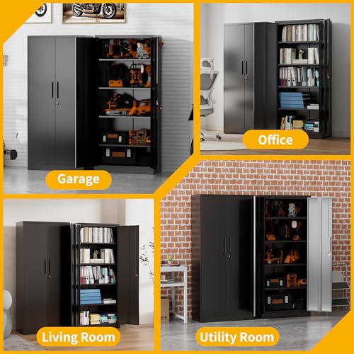 Metal Storage Cabinet with 2 Doors and 4 Adjustable Shelves, 72" Garage Storage Cabinet with Lock, Tall Garage Cabinets for Office, Home, Garage, Gym, School - size: 72.05"H x 17.72"D x 35.43"W