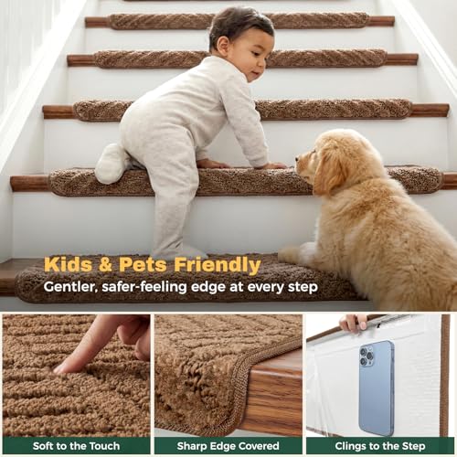 MBIGM Bullnose Non-Slip Stair Treads w/Reusable Adhesive 14 Pack 9.5" x 30" Wooden Steps Protection - TPU Backing with Steel Reinforcement - Anti-Slip Solution Basketweave Brown Non Slip Stair Tread - color: Brown - Basketweave