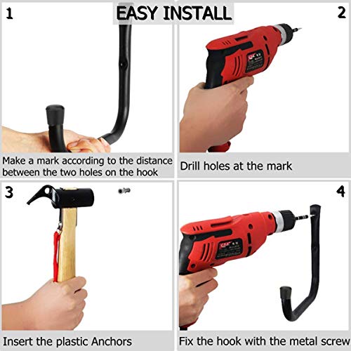 12.7 Inch Heavy Duty Large Tool Hanger, 4 Pack Wall Mounted Garage Storage Hooks, Indoor Black + Red 12.7Inches x 9.2Inches