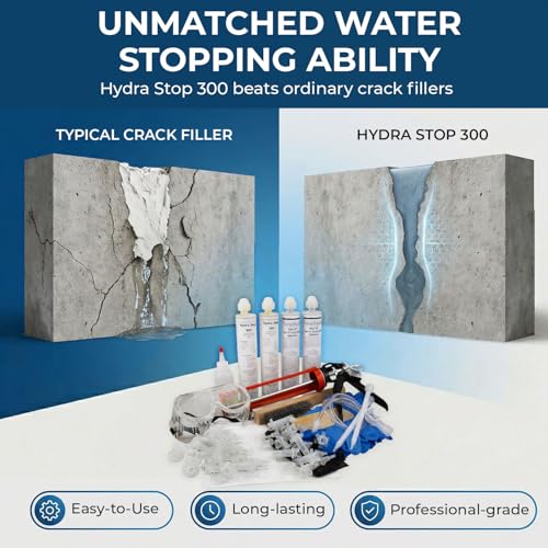 10ft Peel-Off Paste Foundation Crack Repair Kit, Hydra Stop 300 Polyurethane Foam Concrete Foundation Leak Repair System with Peel Paste and Surface Ports, Basement Waterproofing Concrete Crack Filler
