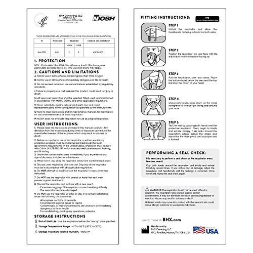 BNX N95 Mask NIOSH Certified MADE IN USA Particulate Respirator Protective Face Mask (10-Pack, Approval Number TC-84A-9315 / Model H95W) White - color: White