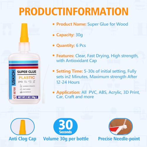 Super Glue for Plastic with Anti Clog Cap. 6 x 1 fl oz,Plastic Glue- Adhesive CA Glue for Model and Miniature,Suitable for PLA, ABS,PVC,3D Printing,Toys,Legos.Heavy Duty Model Repair Kit, Quick Dry - style: Plastic-Glue