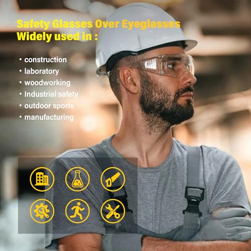 6 Pack Clear Safety Glasses Over Eyeglasses, ANSI Z87.1 Impact Resistant Polycarbonate Lens, Safety Goggles Over Glasses, Protective Eyewear for Lab, Construction, Outdoor Work