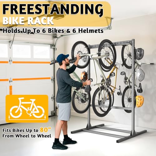 Ultrawall Freestanding Bike Stand, Vertical Bike Storage Stand Rack for Garage, Indoor Bicycle Organizer with Adjustable Hooks, Holds Up to 6 Bikes & 6 Helmets - style: Holds 6 Bikes & 6 Helmets