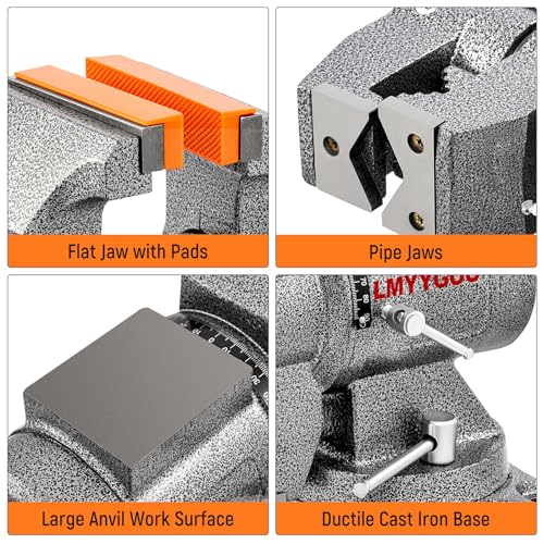 Bench Vise, 6inch Jaw Width 5inch Jaw Opening, 360° Swivel Base, Multipurpose Heavy Duty Workbench Vise with Anvil and 1 Pair Vise Jaw Pad, Table Vise Clamp force 5500LBS - size: 6IN Bench Vise
