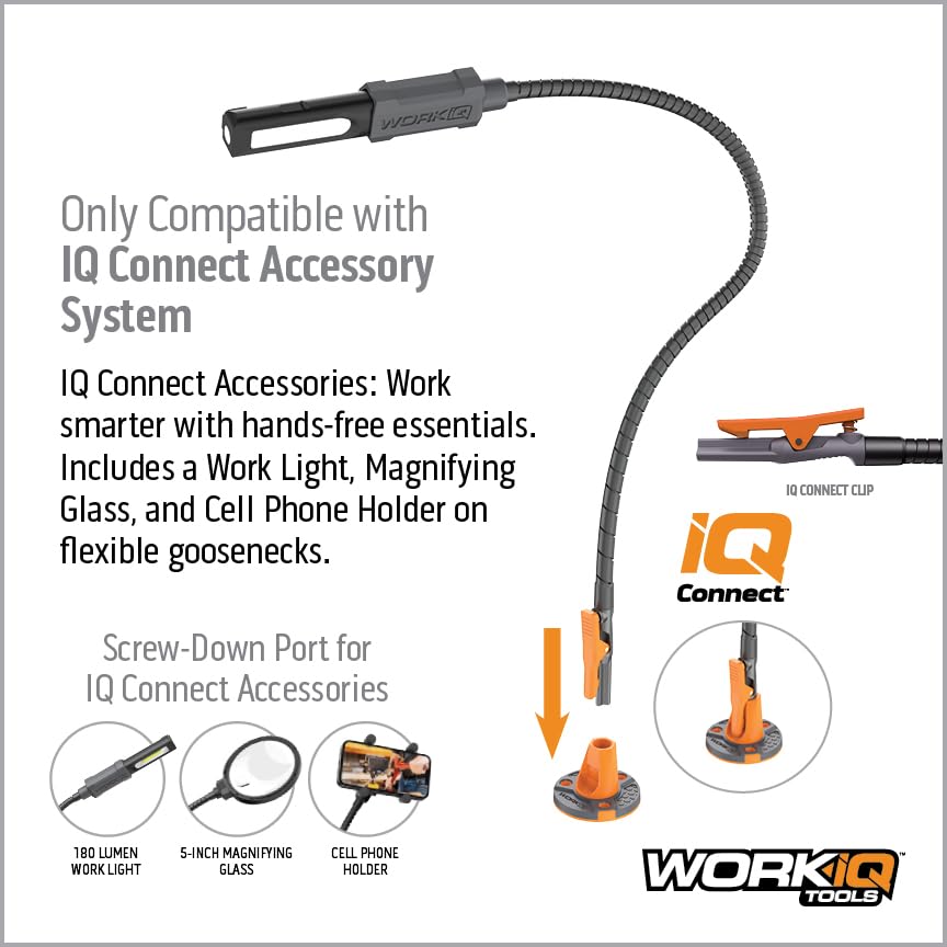 Work IQ Tools IQ Connect | Hands-Free Accessory System with 3 Bench Mounts | Includes Magnifying Glass, Rechargeable Work Light & Cell Phone Holder | Work Bench Accessories Compatible with IQ Vise