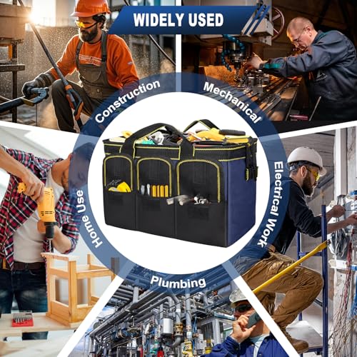 12-Inch Tool Bag with Waterproof Hard Bottom, Durable Wide Mouth Tote Tool Organizer with Multiple Pockets for Electricians Carpenters Mechanics and DIY Projects, Blue