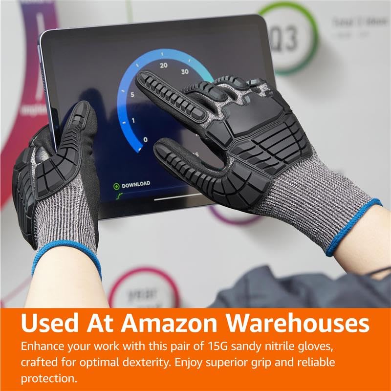 Amazon Basics Impact Protection Work Gloves, Cut Level A2, ANSI Level 4 Abrasion, Touchscreen Compatible, 15G Sandy Nitrile Palm, Medium, Black with Blue Edge - size: Medium