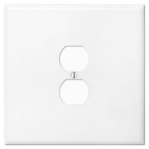 OVERSIZED JUMBO Metal Outlet Cover, 2 Gang Electrical Outlet Cover Plate (for 1 Centered Device), Wall Plate Cover for Duplex Outlets, Steel Painted White - UL Listed, 5.5" x 5.5" - Made in USA - color: Outlet