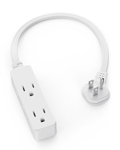 Flat Plug Extension Cord with 3 Outlets - 1 ft White Low Profile Indoor 3 Prong Grounded Power Strip for Home Office & Travel - 16/3 AWG, 13A/1625W - color: WHITE, size: 1 Feet