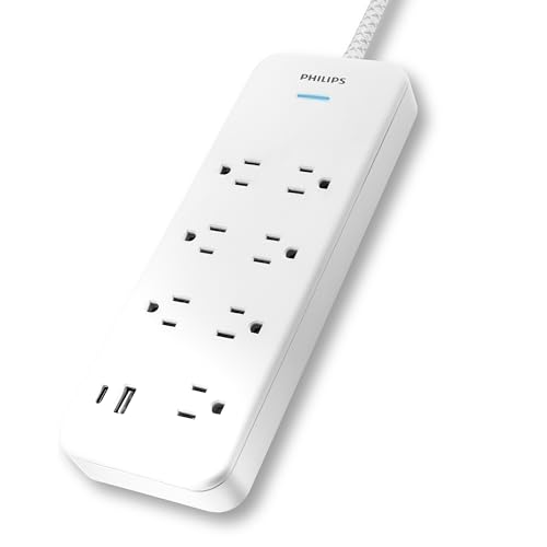 Philips 7-Outlet Surge Protector with USB Charging, 6ft Braided Extension Cord, 1USB-A, 1USB-C, 1500J, Adapter Spaced, Outlet Extender Power Strip, White - SPP3983W/37 - style: 7 Outlet | 1 USB | 1 USB-C